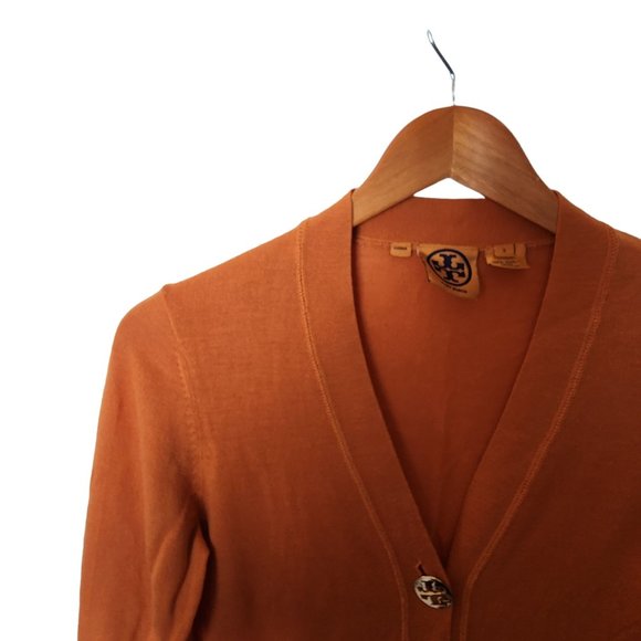 Tory Burch Boyfriend Simone Cardigan Orange 100% Wool XS Logo Buttons‎ - Picture 12 of 16